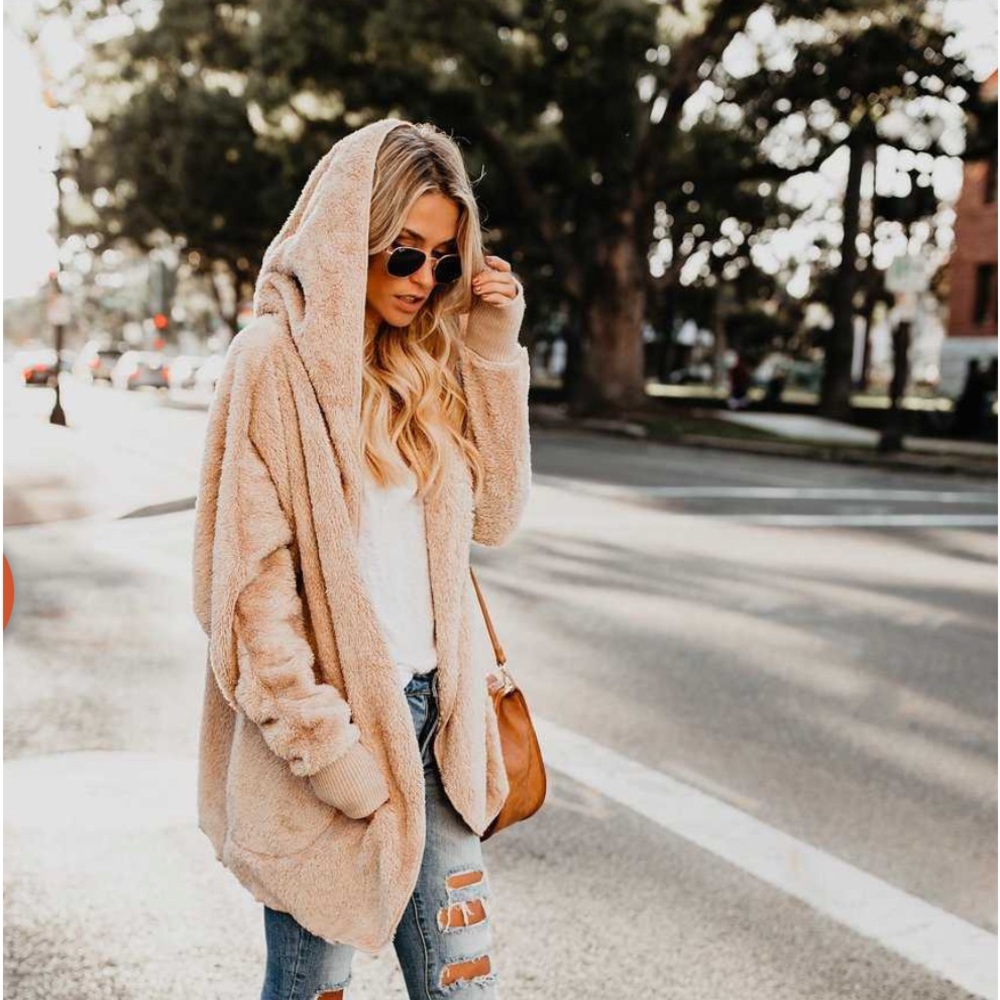 Tan Soft Cozy Pocket Hood Sherpa Lightweight Fleece Teddy Jacket Coat cardigan - Picture 3 of 7